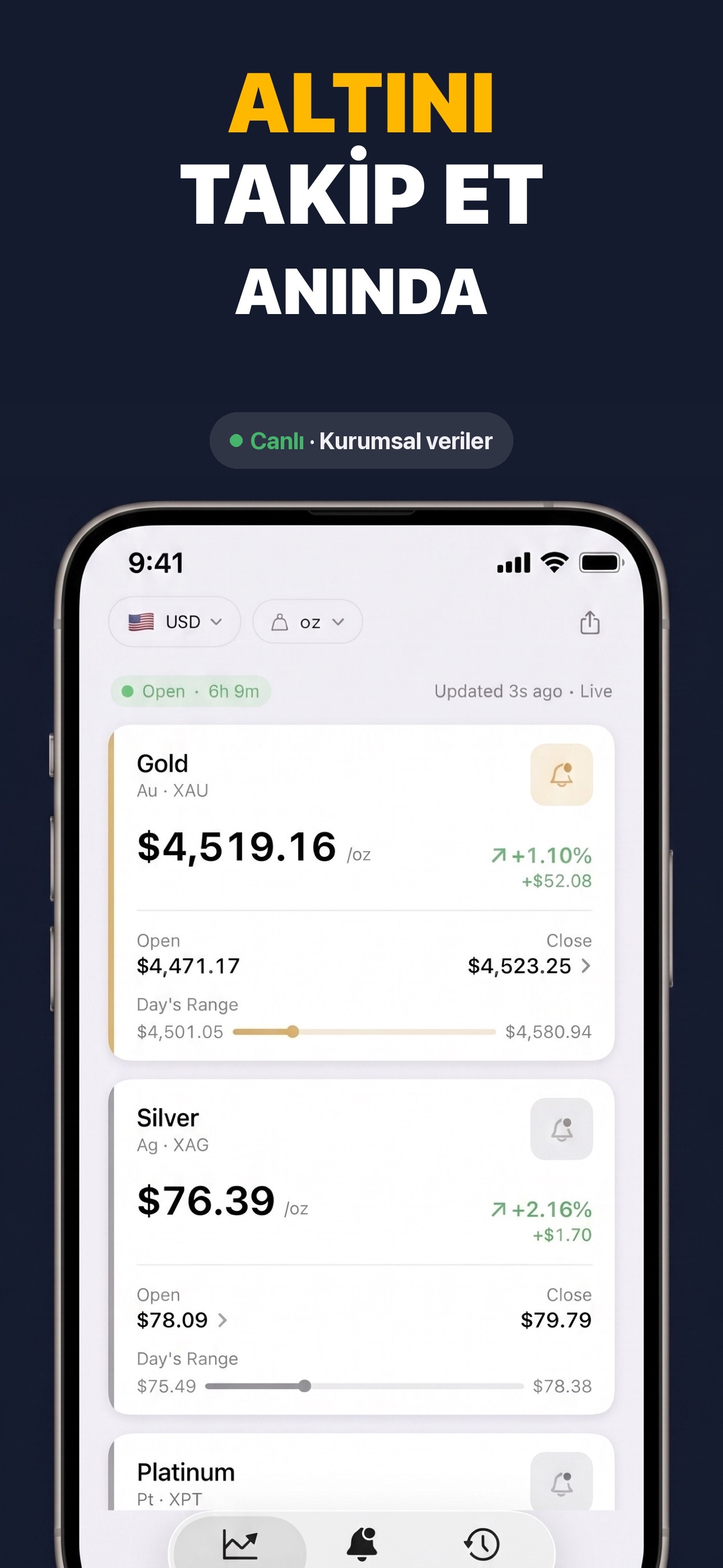 Gold & Silver Prices Live - Gerçek zamanlı altın ve gümüş spot fiyatlarını gösteren ana fiyat paneli